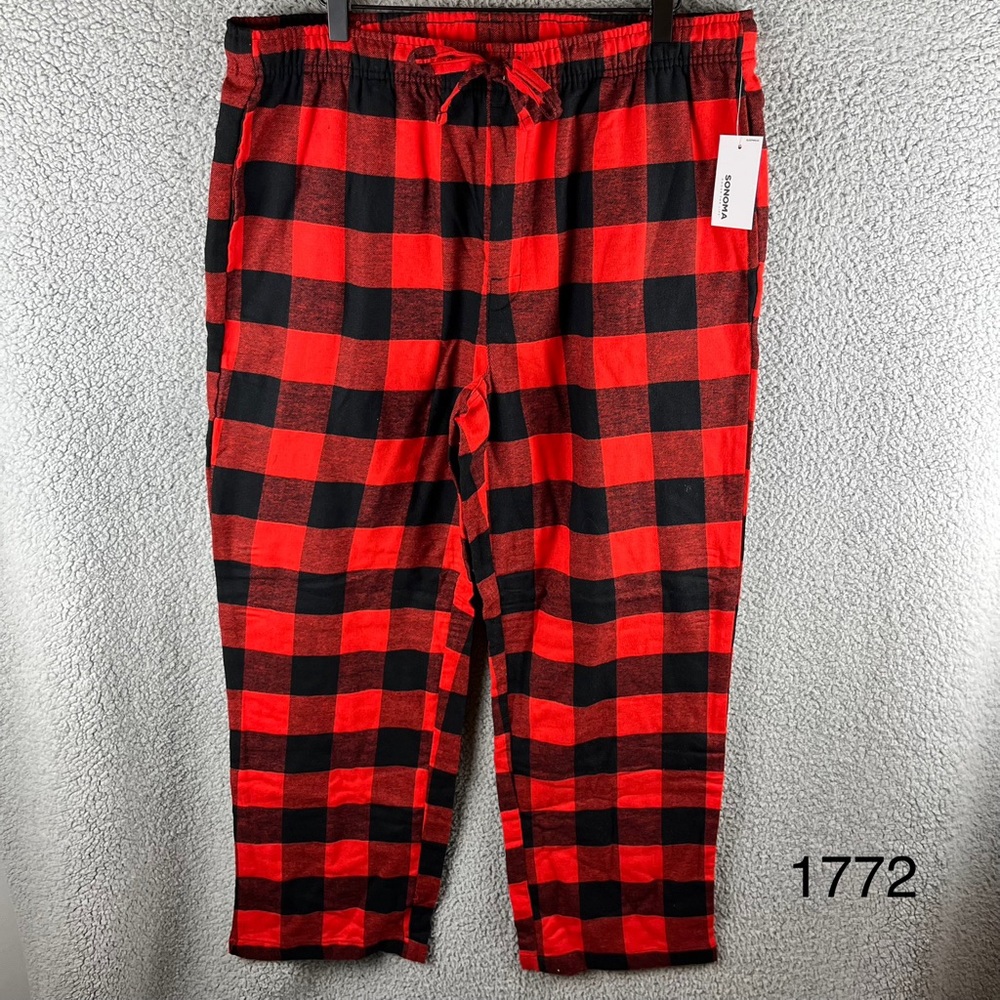 Sonoma Men’s Size Large Red & Black Plaid Pajama‎ Cotton Blend Pants NWT